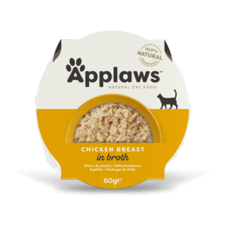 A pot of Applaws Chicken Breast in Broth cat food, showing the product label with the brand name, product name, and an image of a cat.