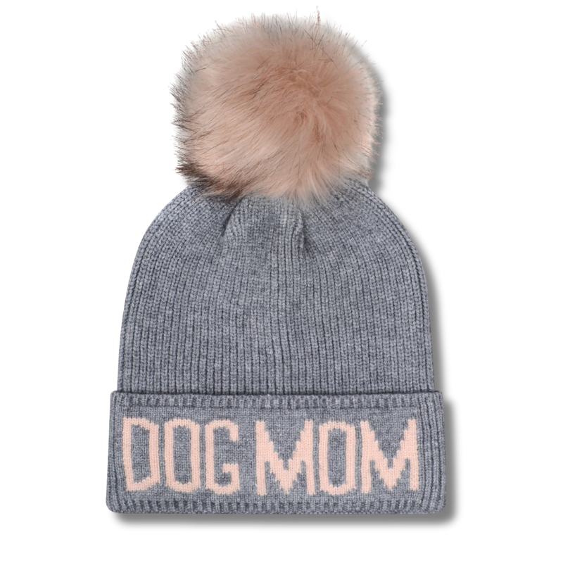 HatPhile - Knit Toque - Dog Mom - Grey/Pink - PomPom
