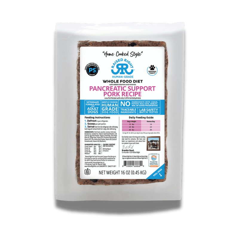 Raised Right - Adult Dog - Frozen - Pancreatic Support - Pork - 16oz (Case of 8)