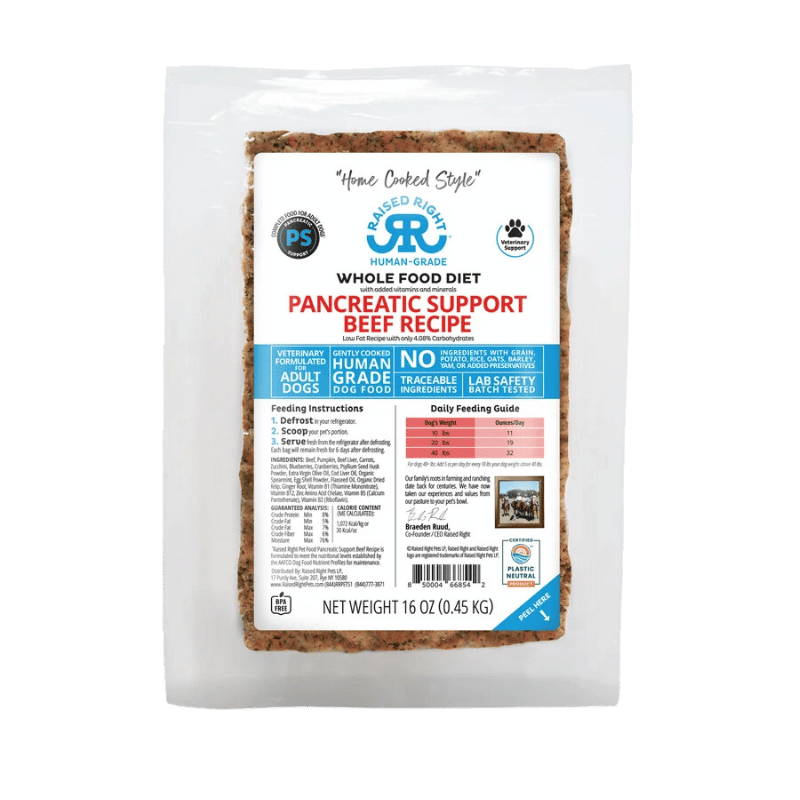 Raised Right - Adult Dog - Frozen - Pancreatic Support - Beef - 16oz (Case of 8)