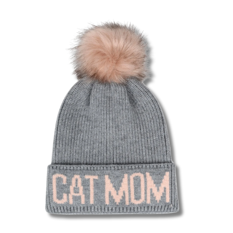 HatPhile - Knit Toque - Cat Mom - Grey/Pink - PomPom