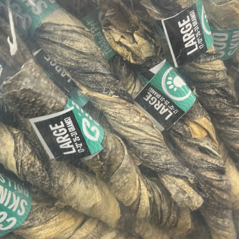 Tickled Pet - Dog - Treats - Icelandic -BULK- Codfish Skin Rolls 7 - 10" (Bag of 35)