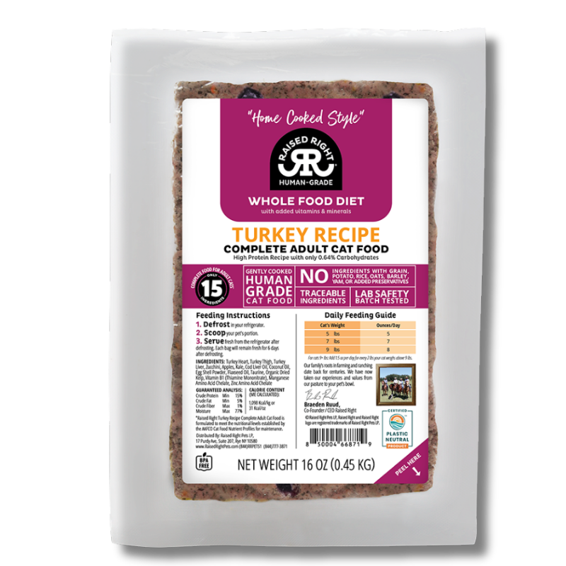 Raised Right - Adult Cat - Frozen- Turkey - NEW FORMULA - 16oz (Case of 8)