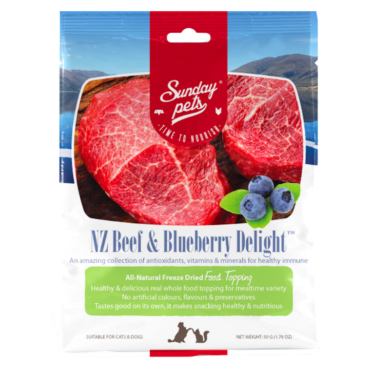 Sunday Pets - Treats - Freeze-Dried - NZ Beef & Blueberry Delight - 1.76oz