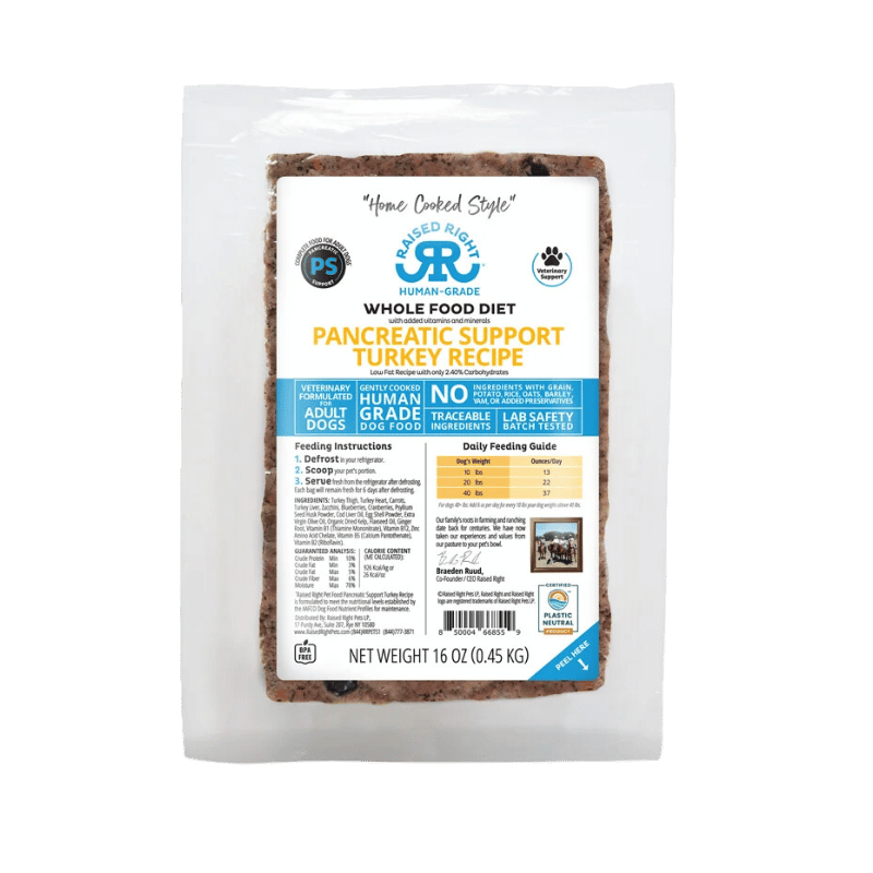 Raised Right - Adult Dog - Frozen - Pancreatic Support - Turkey - 16oz (Case of 8)