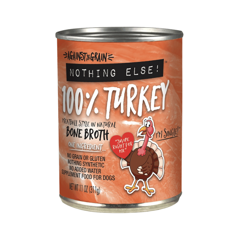 Can of 'Against the Grain' 100% Turkey Wetball Style in Natural Bone Broth on a green background