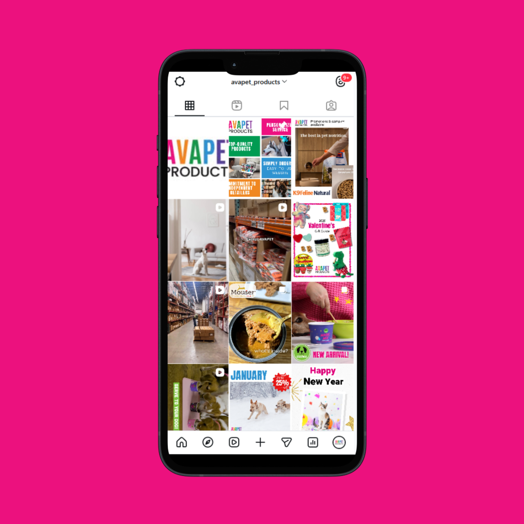 Phone displaying a collage of images on a pink background