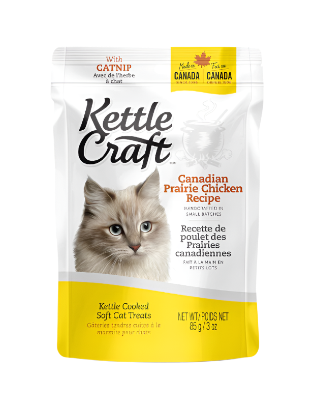 Package of Kettle Craft cat treats with an image of a cat on the front, indicating the Canadian Prairie Chicken recipe.