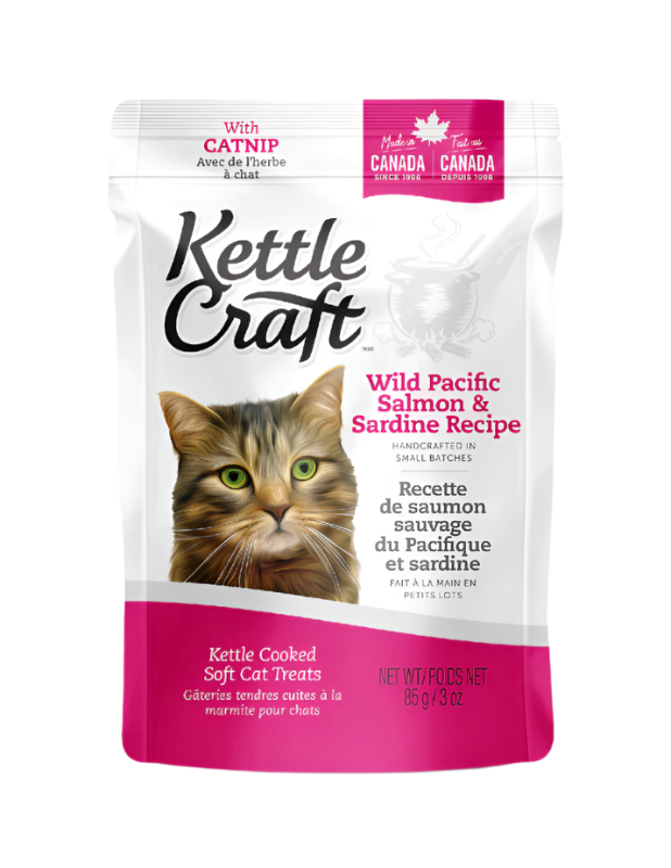 Package of Kettle Craft cat treats with an image of a cat on the front, indicating Wild Pacific Salmon & Sardine flavor.