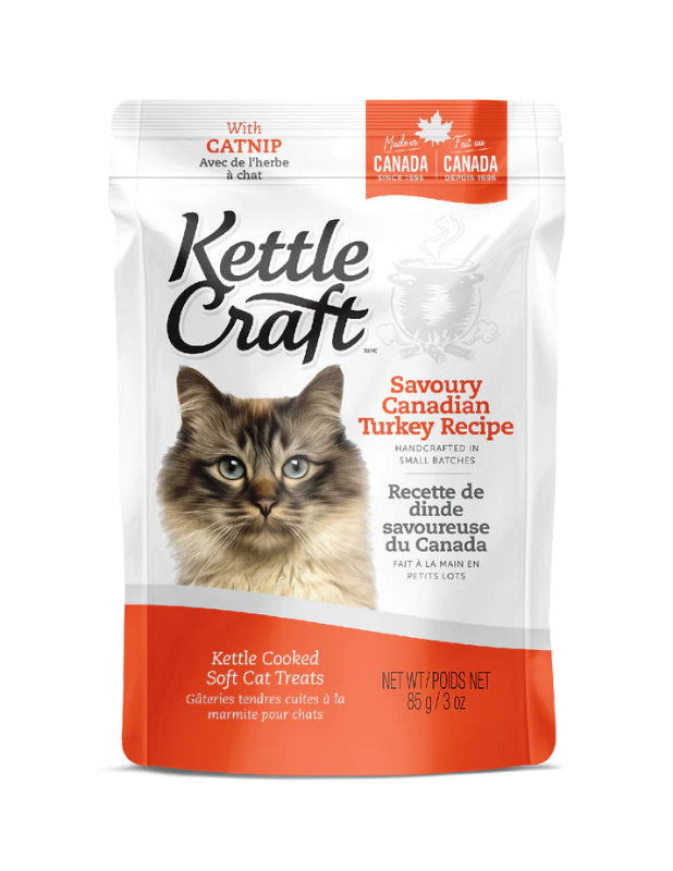 A package of Kettle Craft Savoury Canadian Turkey Cat Treats with an image of a cat on the front.