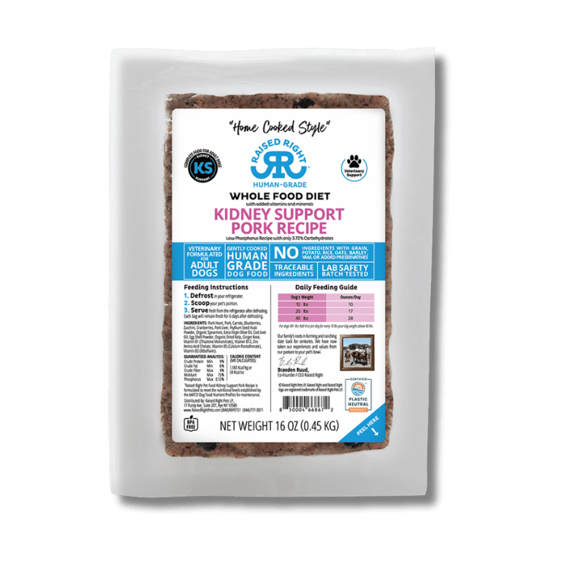 Raised Right - Adult Dog - Frozen - Kidney Support - Pork - 16oz (Case of 8)