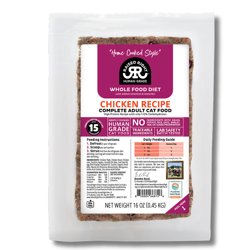 Raised Right - Adult Cat - Frozen - Chicken - NEW FORMULA - 16oz (Case of 8)